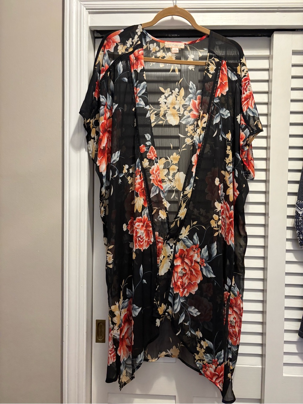 Band of Gypsies Black Sheer Kimono with Red and Cream Floral Print
